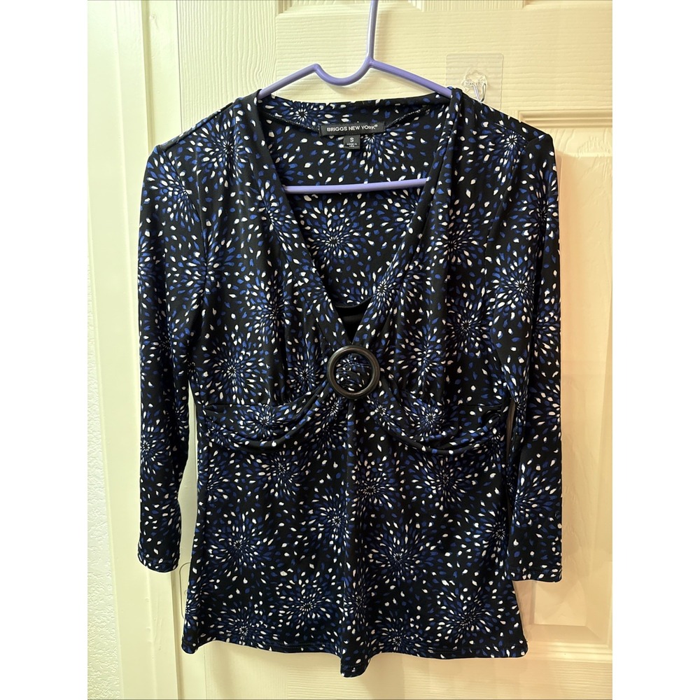 Briggs New York Womens Blue Burst Print V-Neck 3/4 Sleeve Blouse Ring Detail S
